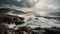 AI generated illustration of A tumultuous ocean scene is captured, with stormy dark clouds gathering