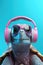 AI generated illustration of a turtle wearing headphones and sunglasses on a blue background