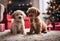 AI generated illustration of two adorable puppies sitting on a fluffy rug surrounded by presents