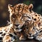 AI generated illustration of two African leopards laying peacefully on a large granite rock