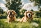 AI generated illustration of two beautiful golden retrievers lounging in a lush green grassy park