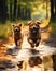 AI generated illustration of two brown canine companions running through a peaceful wooded area