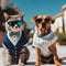 AI generated illustration of two cats and dogs dressed in formal attire posing in front of buildings