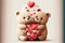 AI generated illustration of two cuddly teddy bears standing side by side surrounded by hearts