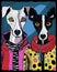 AI generated illustration of two dogs dressed in colorful, casual clothes