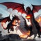 AI generated illustration of two dragons flying and breathing fire