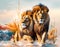 AI generated illustration of two majestic lions emerging from the water