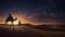 AI generated illustration of Two people, silhouetted against a sunset, ride a majestic camel