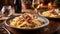 AI generated illustration of two plates of pasta served with wine