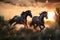 AI generated illustration of two powerful black horses gallop across a wide open grassy landscape