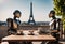 AI generated illustration of two robots drinking coffee in front of the Eiffel Tower in Paris