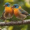 AI generated illustration of two vibrant birds perched on a branch