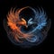 AI generated illustration of two vibrant phoenix birds facing each other on a black backdrop