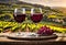 AI generated illustration of two wineglasses placed next to a cluster of ripe purple grapes