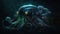 AI generated illustration of an underwater view of a fictional octopus swimming in a dark water