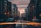 AI generated illustration of an urban cityscape at sunset, with a busy street bustling with traffic