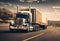 AI-generated illustration of a US Delivery freight shipping truck on a freeway at sunset