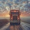 AI-generated illustration of a US Delivery freight shipping truck on a freeway at sunset