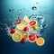 AI generated illustration of a variety of fresh citrus fruits submerged in a splash of clean water
