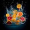 AI generated illustration of a variety of fresh citrus fruits submerged in a splash of clean water