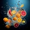 AI generated illustration of a variety of fresh citrus fruits submerged in a splash of clean water