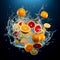 AI generated illustration of a variety of fresh citrus fruits submerged in a splash of clean water