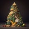 AI generated illustration of a very large Christmas tree with fruit and vegetables around it