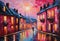 AI generated illustration of a vibrant acrylic painting of a quaint street scene