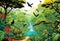 AI generated illustration of a vibrant animated jungle landscape with lush trees and colorful birds