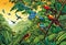 AI generated illustration of a vibrant animated jungle landscape with lush trees and colorful birds