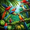 AI generated illustration of a vibrant array of birds perched atop a sturdy tree branch