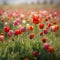 AI generated illustration of a vibrant array of red tulips in full bloom in a lush field