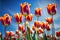 AI generated illustration of a vibrant array of tulips beneath a bright blue sky
