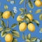 AI generated illustration of a vibrant blue background featuring a cluster of vibrant yellow lemons