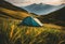 AI generated illustration of a vibrant blue camping tent set up in a lush green mountain meadow