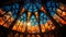 AI generated illustration of a vibrant blue and orange stained glass cathedral building
