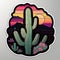 AI generated illustration of A vibrant cactus sticker with a majestic mountain landscape in the back