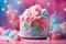 AI generated illustration of a vibrant cake with a topping of cotton candies