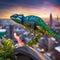 AI generated illustration of A vibrant chameleon perched on the edge of a wall