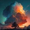 AI generated illustration of vibrant clouds floating above lush trees