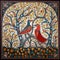 AI generated illustration of a vibrant and colorful Madhubani painting of birds in the Bharni style