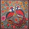 AI generated illustration of a vibrant and colorful Madhubani painting of birds in the Bharni style