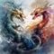 AI generated illustration of vibrant and colorful mythical dragons engaged in an intense battle