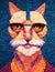 AI generated illustration of a vibrant, colorful portrait featuring a whimsical cat wearing glasses