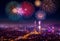 AI-generated illustration of a vibrant display of fireworks lighting up the night sky above the city