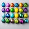 AI generated illustration of vibrant Easter eggs arranged in rainbow hues of yellow, purple