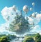 AI generated illustration of a vibrant floating cityscape with hot air balloons in the sky above