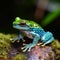 AI generated illustration of A vibrant green frog with blue spots on its face is perched atop a gray