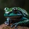 AI-generated illustration of A vibrant green frog perched atop a gray, rocky surface