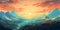 AI generated illustration of a vibrant illustration of a majestic mountain range at sunset